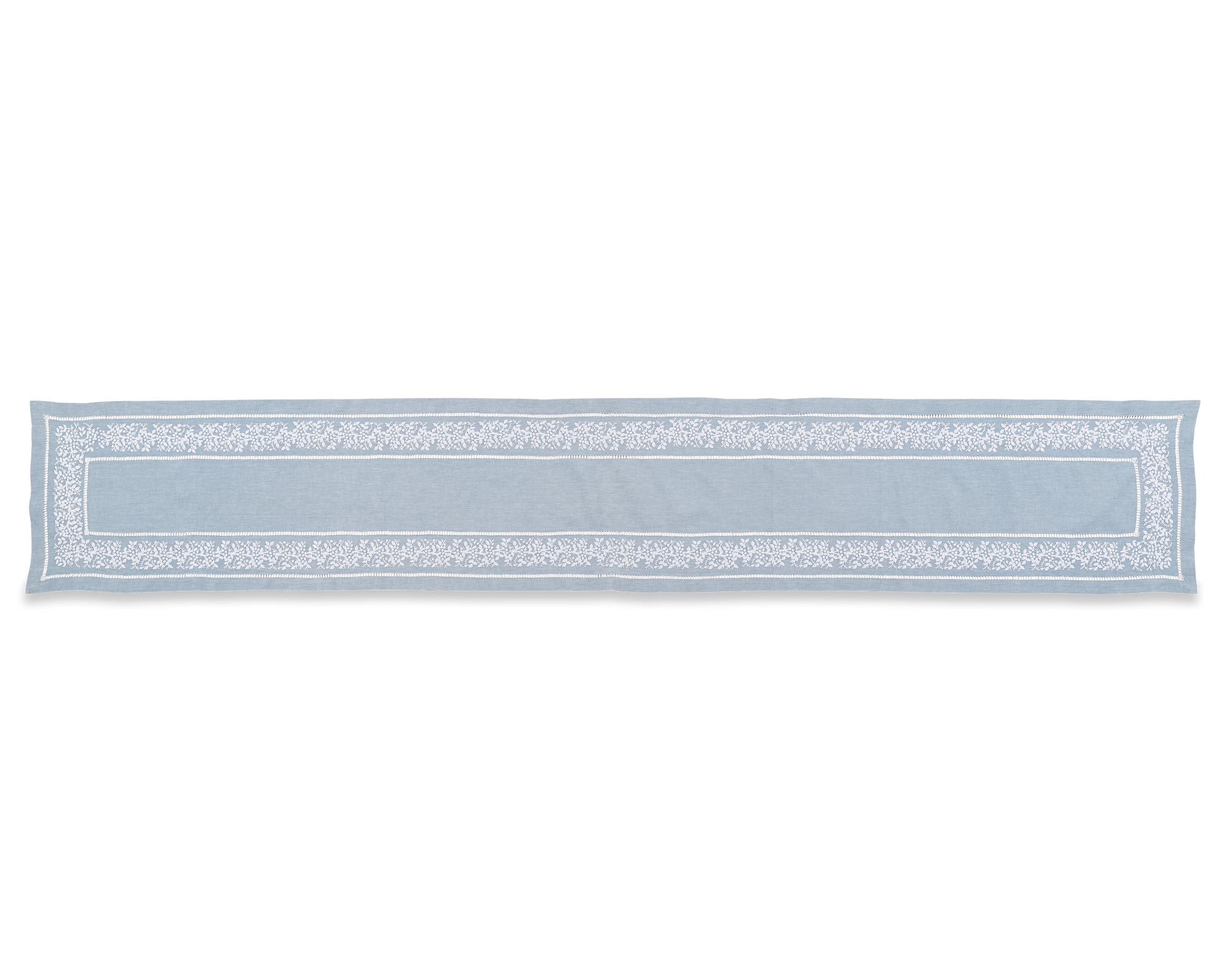 Embroidered 16x19" Linen Runner, White on Pale Blue