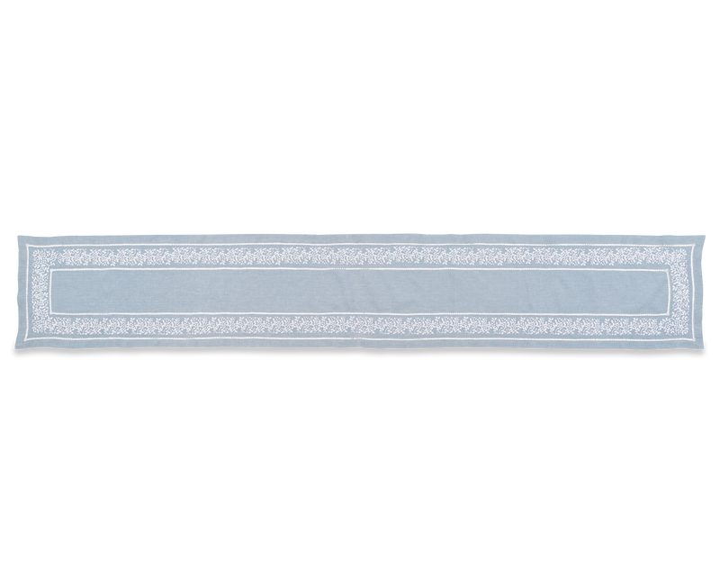 Embroidered 16x19" Linen Runner, White on Pale Blue