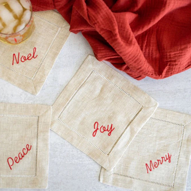 Festive Word Linen Coasters, S/4