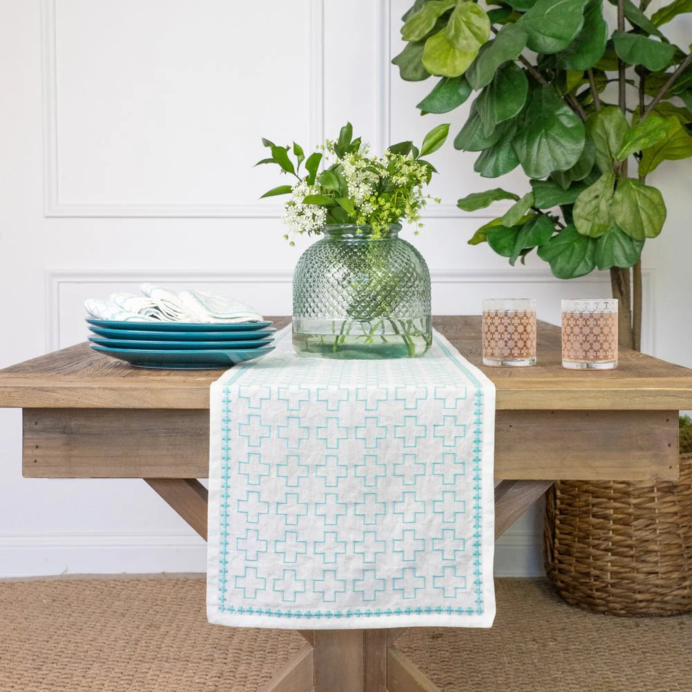 India Hicks Embroidered Grand Cross Runner, Palladian Blue