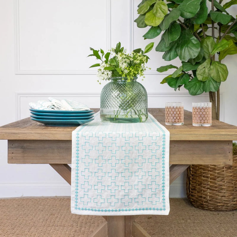 India Hicks Embroidered Grand Cross Runner, Palladian Blue