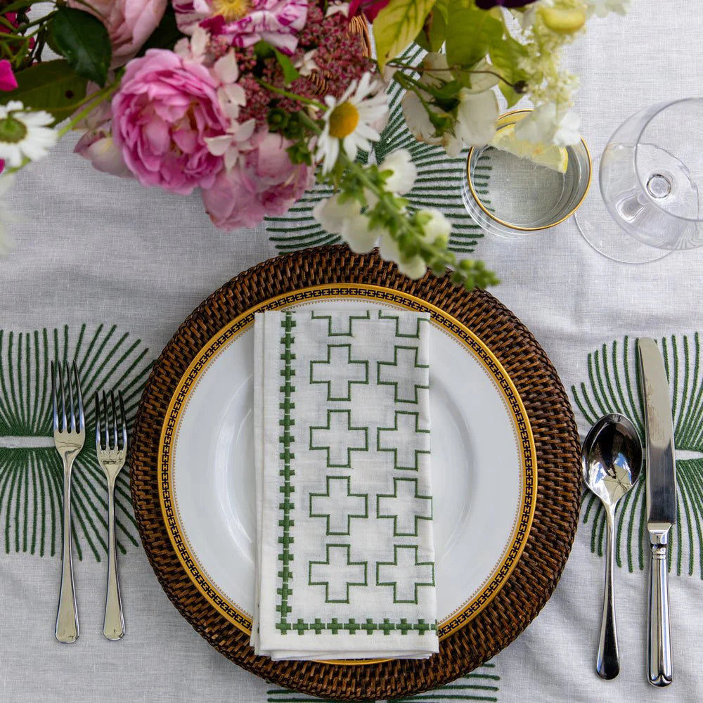 India Hicks Embroidered Grand Cross Napkin, Soft Sage