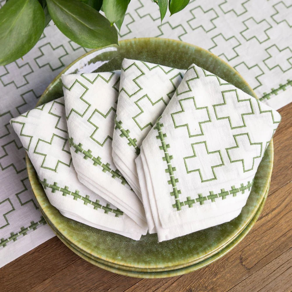 India Hicks Embroidered Grand Cross Napkin, Soft Sage