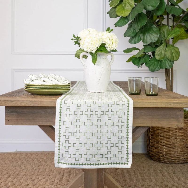India Hicks Embroidered Grand Cross Runner, Sage