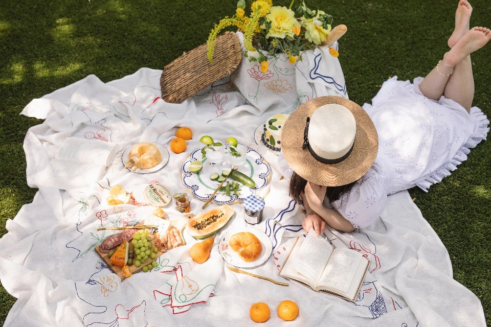 Embroidered Fete Linen Tablecloth, 80" x 120"