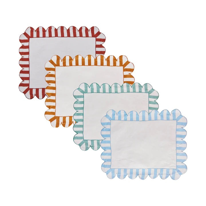 Embroidered Scalloped Natural Stripe Placemat, Set of 4