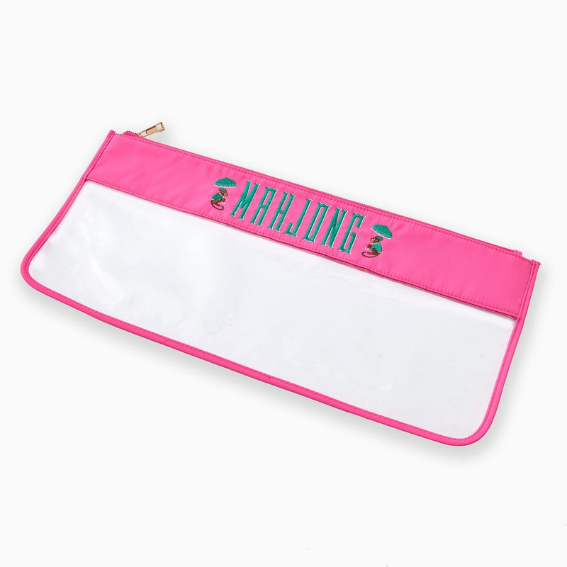Pink pouch with 'Mahjong' text on a white background