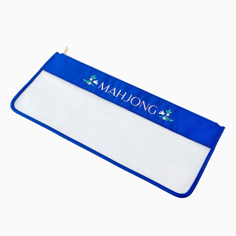 Blue and white mahjong bag with floral designs on a white background